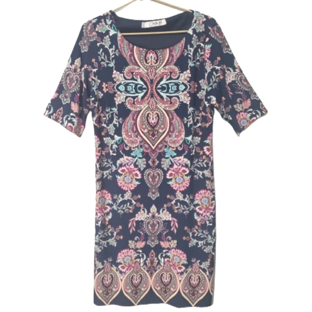 Chetta B Navy Pink‎ Paisley Floral Medallion Short Sleeve Shift Dress Womens 6